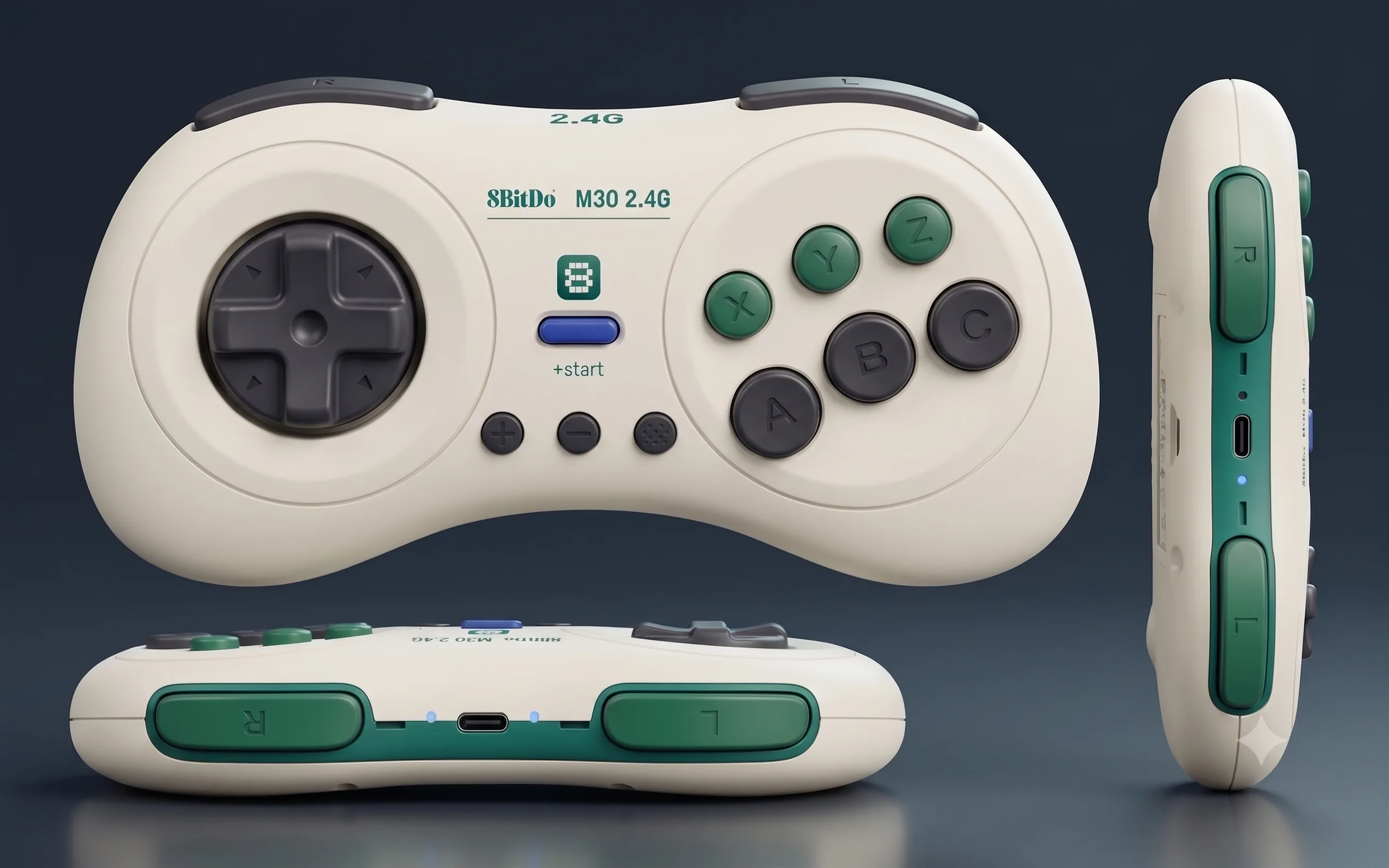 M30 2.4G re8 edition gamepad, front and side views