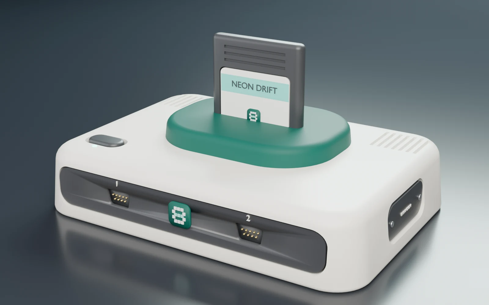 re8 console, three-quarter view with cartridge inserted