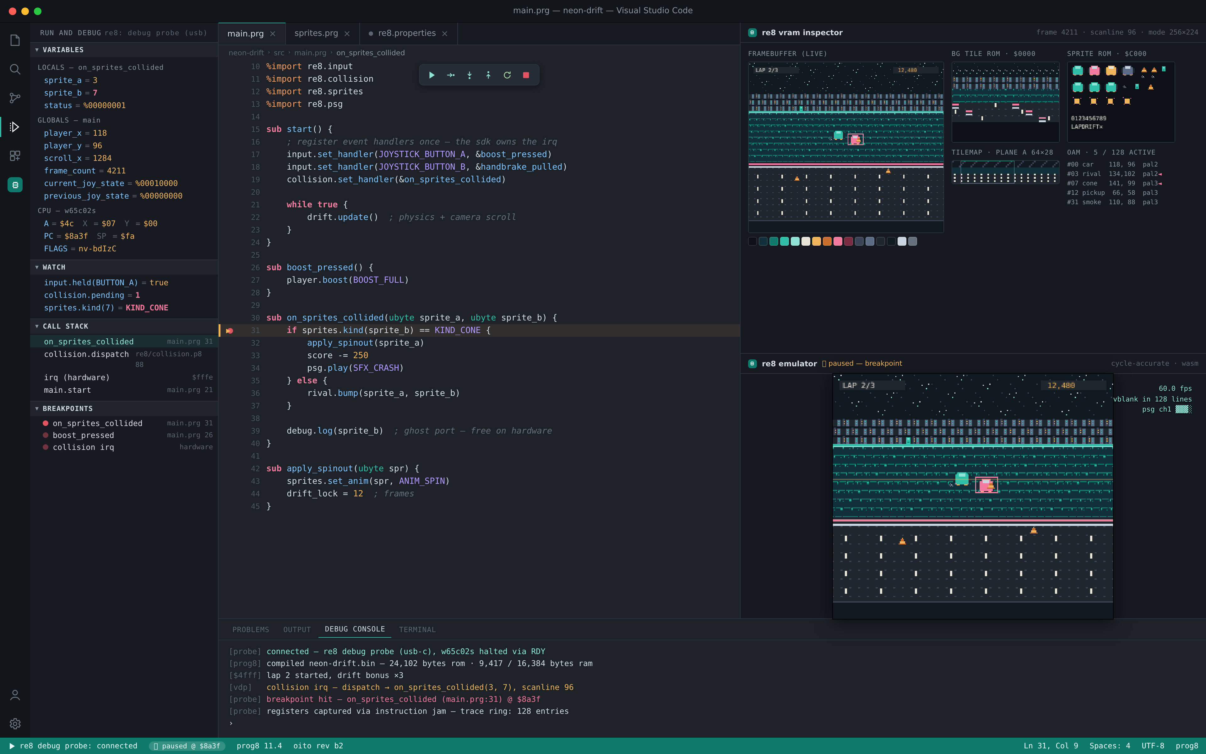 VS Code with the re8 SDK extension: prog8 debugging, VRAM inspector and emulator