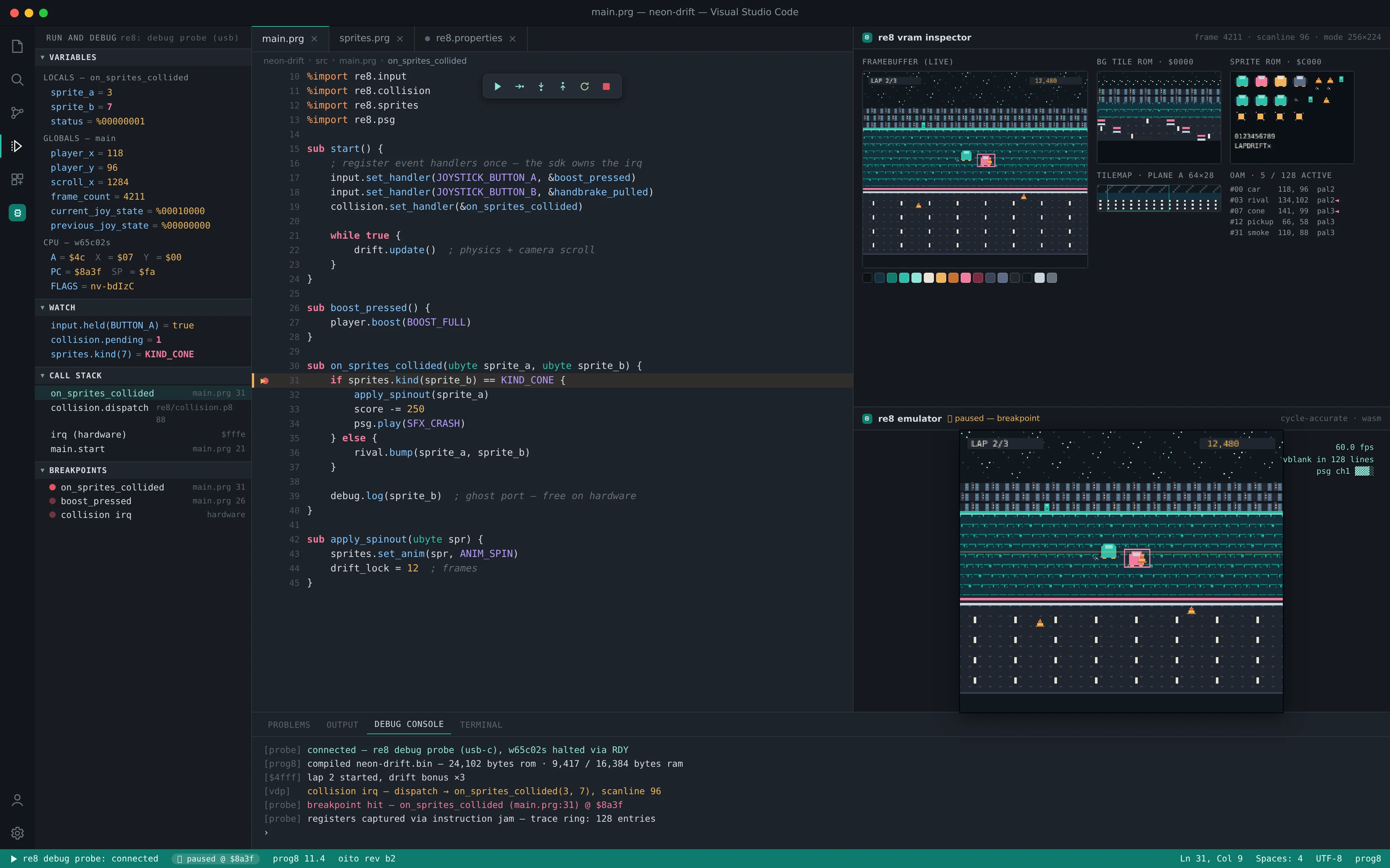 the re8 VS Code extension debugging a running game